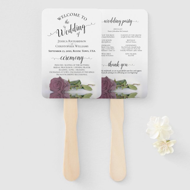 Dusty Mauve Pink Rose Elegant Wedding Program Hand Fan (Front and Back)