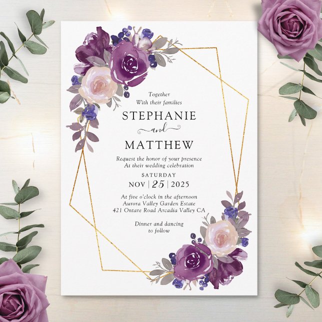 Dusty Mauve Purple Blush Geometric Floral Wedding Invitation (Creator Uploaded)
