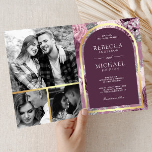 Dusty Mauve Purple Floral Arch QR Code Wedding Invitation