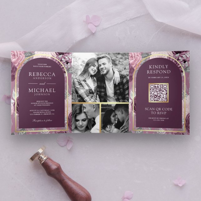 Dusty Mauve Purple Floral Arch QR Code Wedding Tri-Fold Invitation (Creator Uploaded)