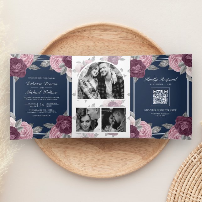 Dusty Mauve Purple Pink Rose QR Code Navy Wedding Tri-Fold Invitation (Creator Uploaded)