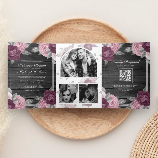 Dusty Mauve Purple Pink Rose QR Code Wood Wedding Tri-Fold Invitation (Creator Uploaded)