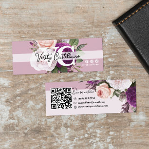 Dusty Mauve Vintage Rose Floral Simple Personal QR Mini Business Card