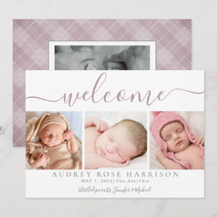 Dusty Mauve Welcome Baby Photo Collage Birth   Announcement