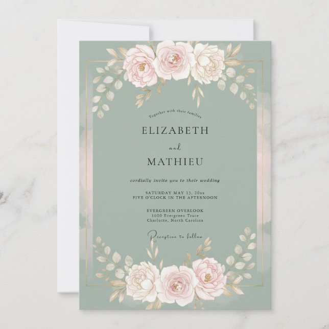 Dusty Mint Bloom Wedding Invitation (Front)