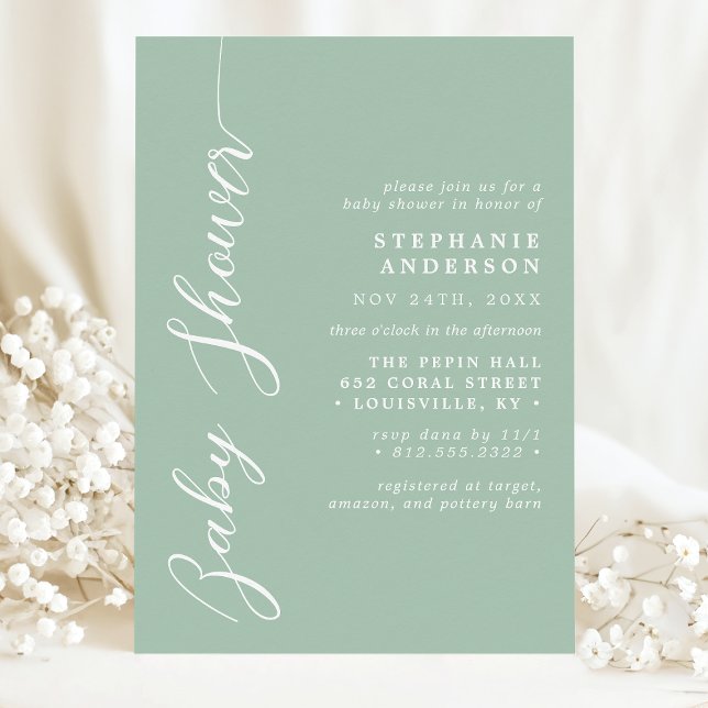 Dusty Mint Simple Modern Script Baby Shower Invitation (Creator Uploaded)