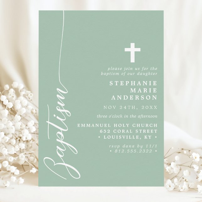 Dusty Mint Simple Modern Script Baptism Invitation (Creator Uploaded)