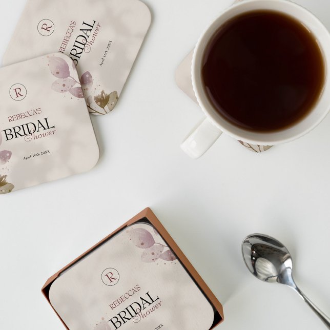 Dusty Muted Blush Pink Floral Bridal Shower Square Paper Coaster (Creator Uploaded)