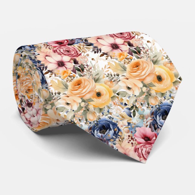 Dusty Navy Blue and Peach Pink Flowers Floral Tie (Rolled)