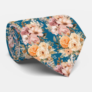 Dusty Navy Blue and Peach Pink Flowers Floral Tie