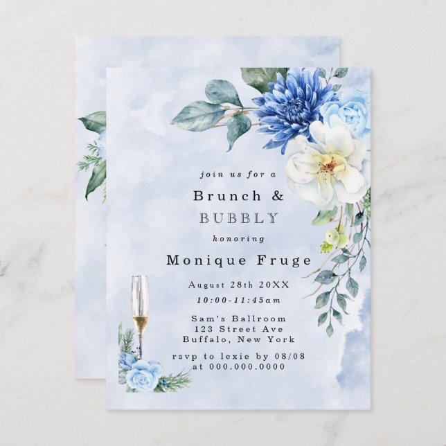 Dusty Navy Blue Floral Brunch & Bubbly Invites (Front/Back)