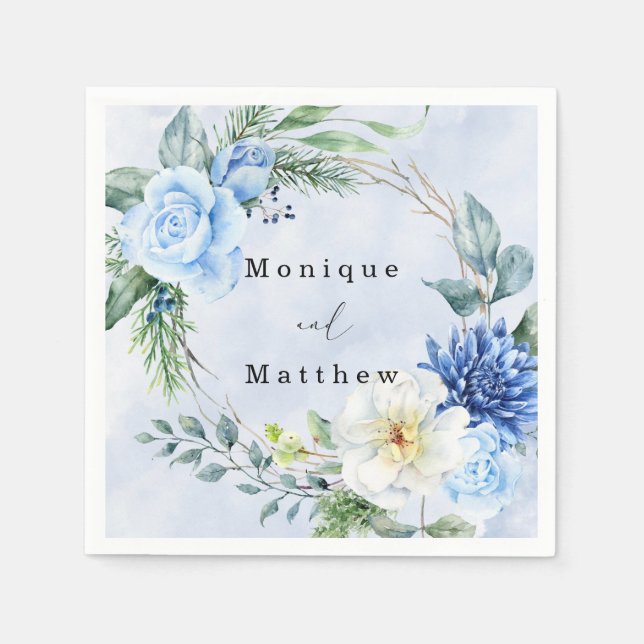 Dusty Navy Blue Floral Wedding Napkin (Front)