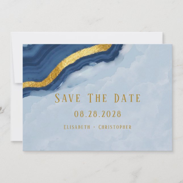 Dusty Navy Blue & Gold Agate Save The Date Cards (Front)