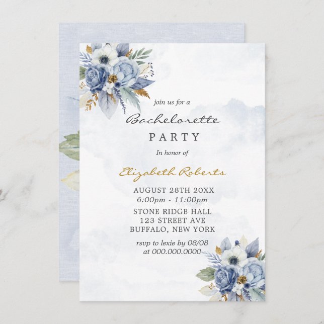 Dusty Navy Blue Gold Peony Chic Bachelorette Party Invitation (Front/Back)