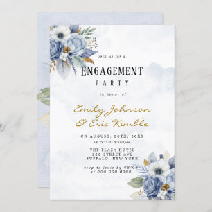 Dusty Navy Blue Gold Peony Engagement Party Invita Invitation