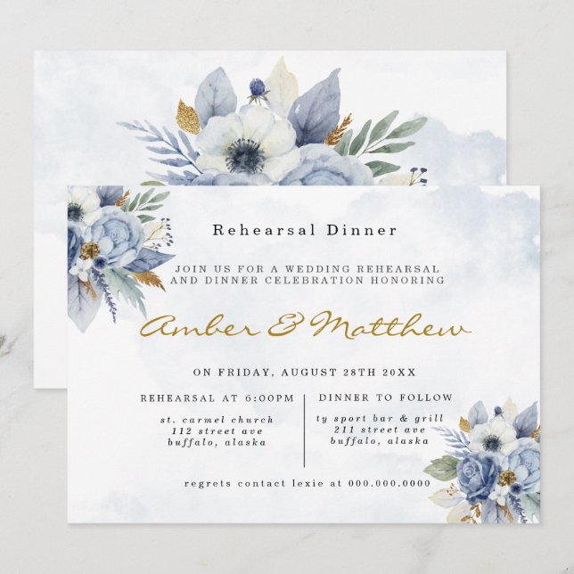 Dusty Navy Blue Gold Peony Rehearsal Dinner Invita Invitation (Front/Back)