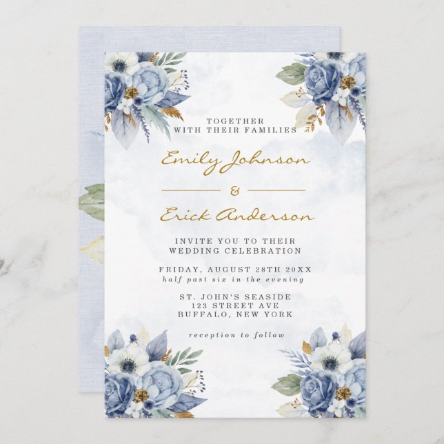 Dusty Navy Blue Gold Watercolor Peony Chic Wedding Invitation (Front/Back)