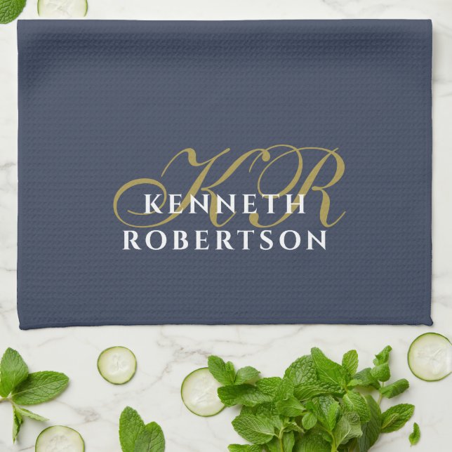 Dusty Navy Blue Monogram Minimalist Gold White Men Tea Towel (Folded)