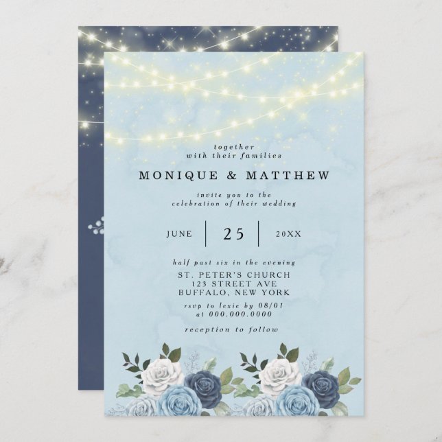 Dusty Navy Blue Peony Country Lights Wedding Invitation (Front/Back)