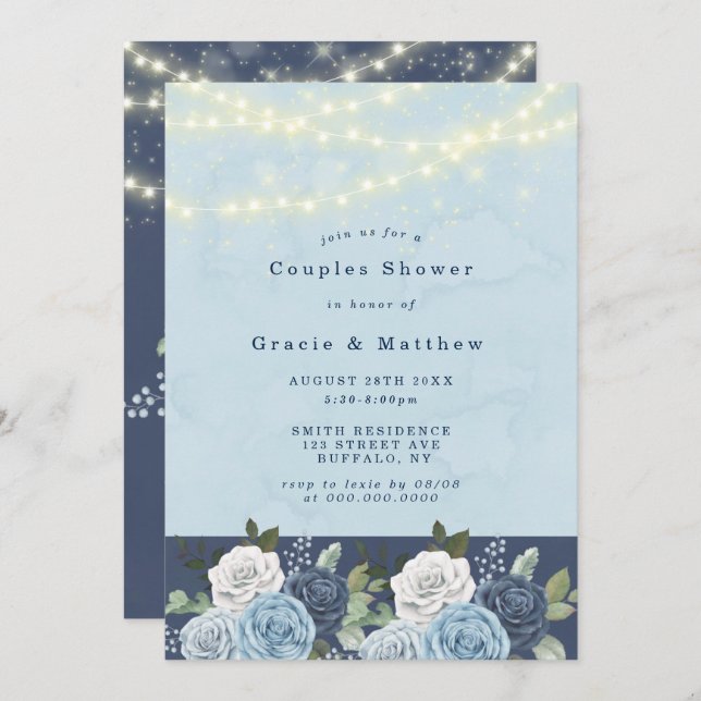 Dusty Navy Blue Peony Lights Couples Shower Invite (Front/Back)