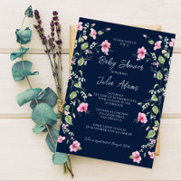 Dusty Navy Blue Pink Hibiscus Bloom Baby Shower