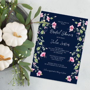 Dusty Navy Blue Pink Hibiscus Bloom Bridal Shower Invitation