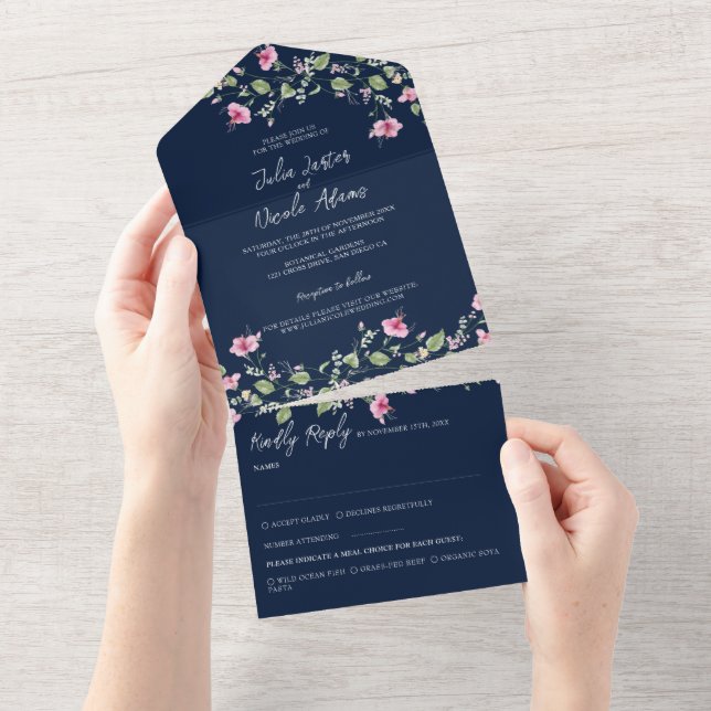Dusty Navy Blue Pink Hibiscus Bloom Wedding Shower All In One Invitation (Tearaway)