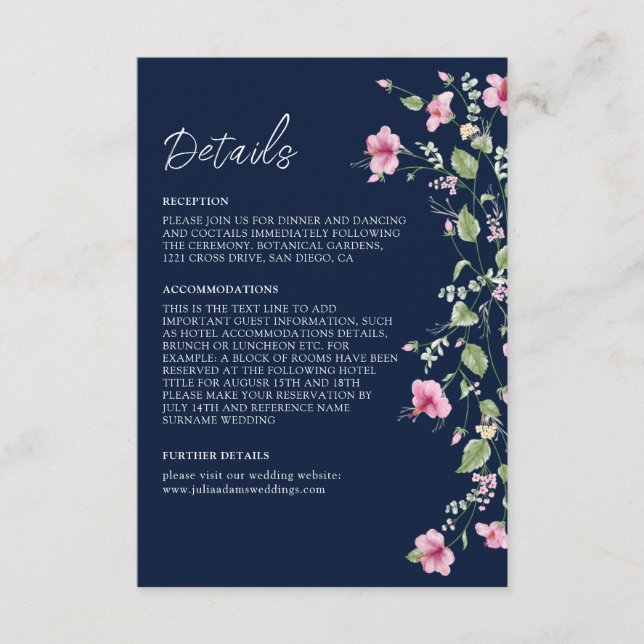 Dusty Navy Blue Pink Hibiscus Bloom Wedding Shower Enclosure Card (Front)