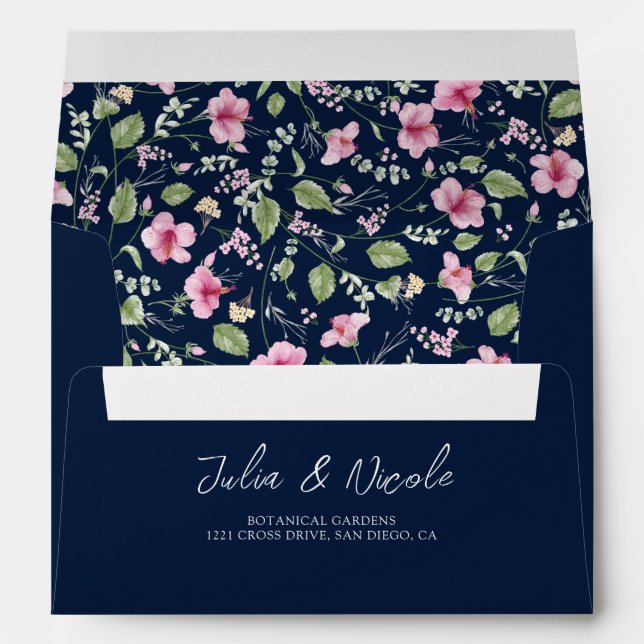 Dusty Navy Blue Pink Hibiscus Bloom Wedding Shower Envelope (Back (Bottom))
