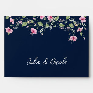 Dusty Navy Blue Pink Hibiscus Bloom Wedding Shower Envelope
