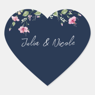 Dusty Navy Blue Pink Hibiscus Bloom Wedding Shower Heart Sticker