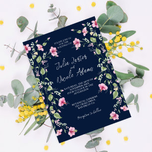 Dusty Navy Blue Pink Hibiscus Bloom Wedding Shower Invitation