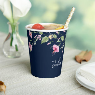 Dusty Navy Blue Pink Hibiscus Bloom Wedding Shower Paper Cups