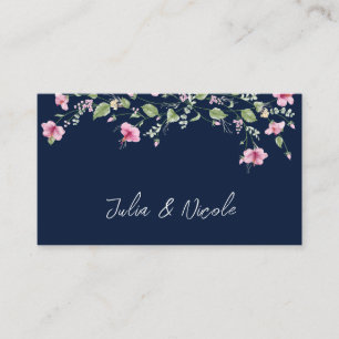 Dusty Navy Blue Pink Hibiscus Bloom Wedding Shower Place Card