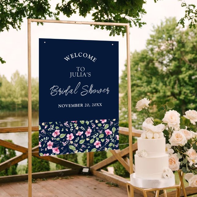 Dusty Navy Blue Pink Hibiscus Bloom Wedding Shower Poster (Creator Uploaded)