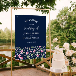 Dusty Navy Blue Pink Hibiscus Bloom Wedding Shower Poster