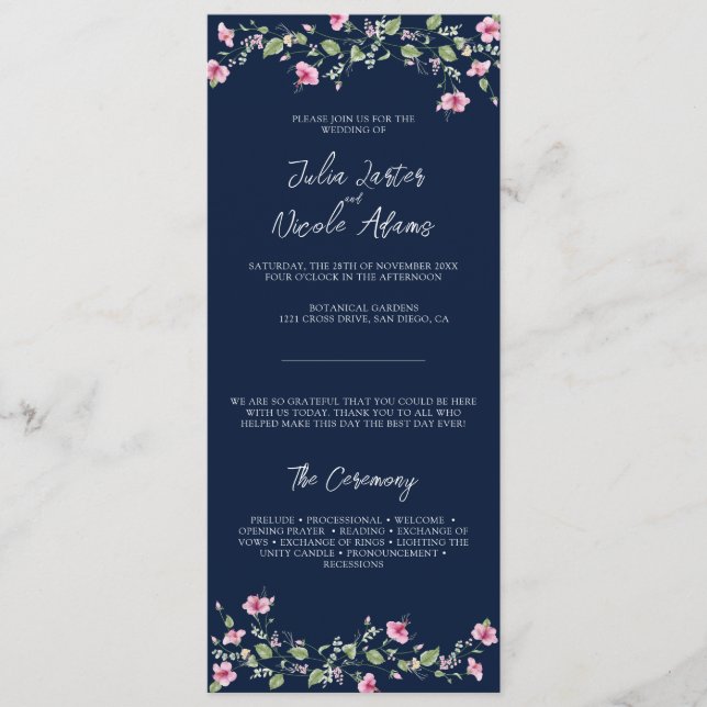 Dusty Navy Blue Pink Hibiscus Bloom Wedding Shower Program (Front)