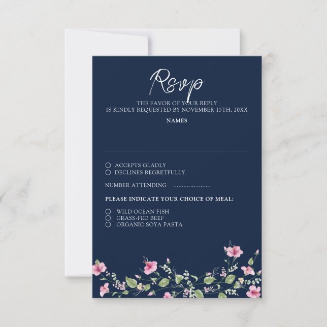Dusty Navy Blue Pink Hibiscus Bloom Wedding Shower RSVP Card (Front)