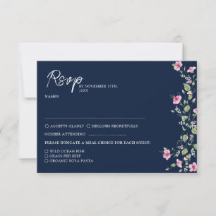 Dusty Navy Blue Pink Hibiscus Bloom Wedding Shower RSVP Card