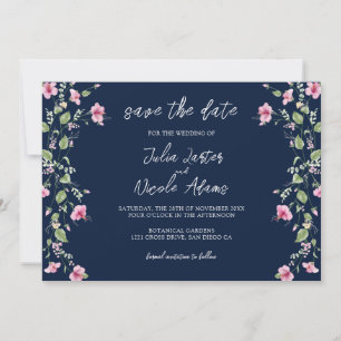 Dusty Navy Blue Pink Hibiscus Bloom Wedding Shower Save The Date