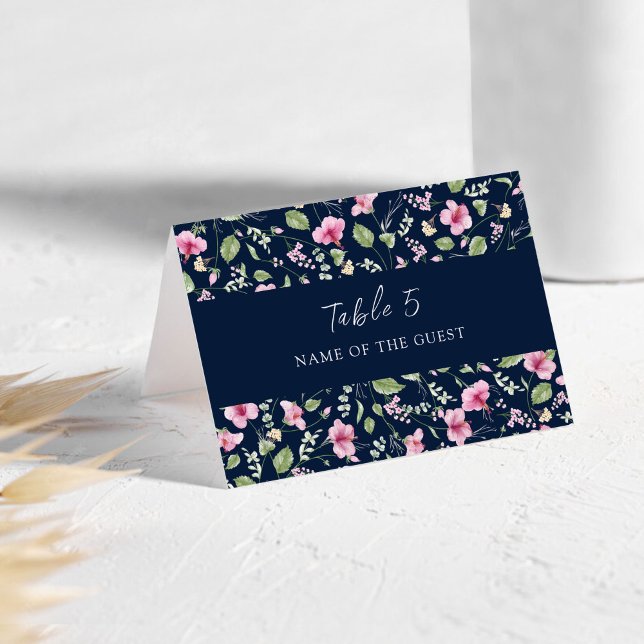 Dusty Navy Blue Pink Hibiscus Wedding Place Card (Creator Uploaded)