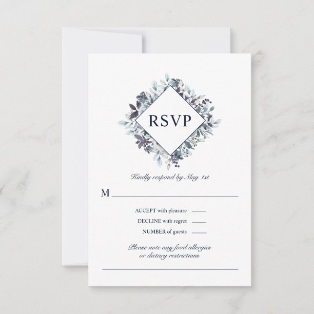 Dusty Navy Blue Watercolor Floral Wedding RSVP Card (Front)