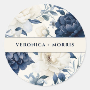 Dusty navy blue & white floral watercolor wedding  classic round sticker