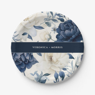 Dusty navy blue & white floral watercolor wedding paper plate
