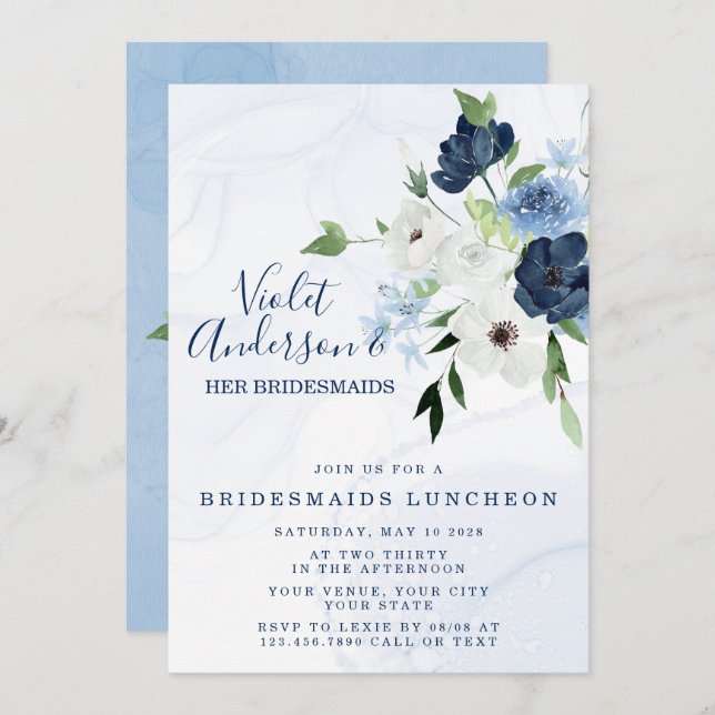 Dusty Navy Ethereal Floral Bridesmaids Luncheon  I Invitation (Front/Back)