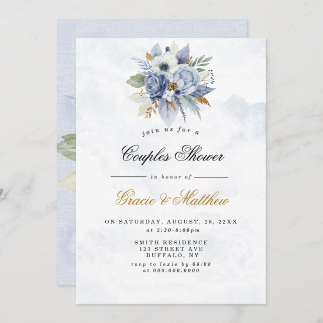 Dusty Navy Gold Peony Chic Couples Shower Invites (Front/Back)
