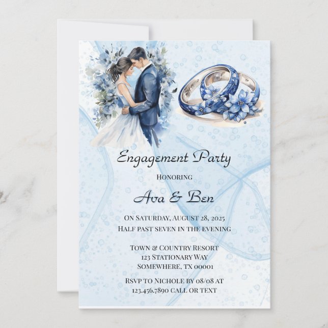 Dusty Navy Ink Floral Rings Engagement Party Invitation (Front)