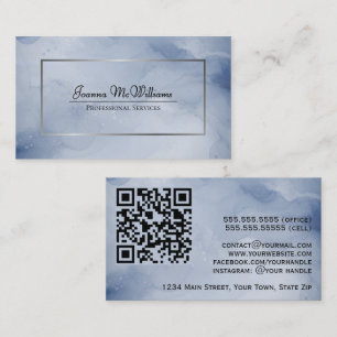 Dusty Navy & Silver Abstract Watercolor QR Code Business Card