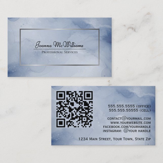 Dusty Navy & Silver Abstract Watercolor QR Code Business Card (Front/Back)