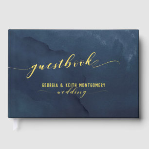 Dusty Navy Watercolor Gold Script Elegant Wedding  Guest Book